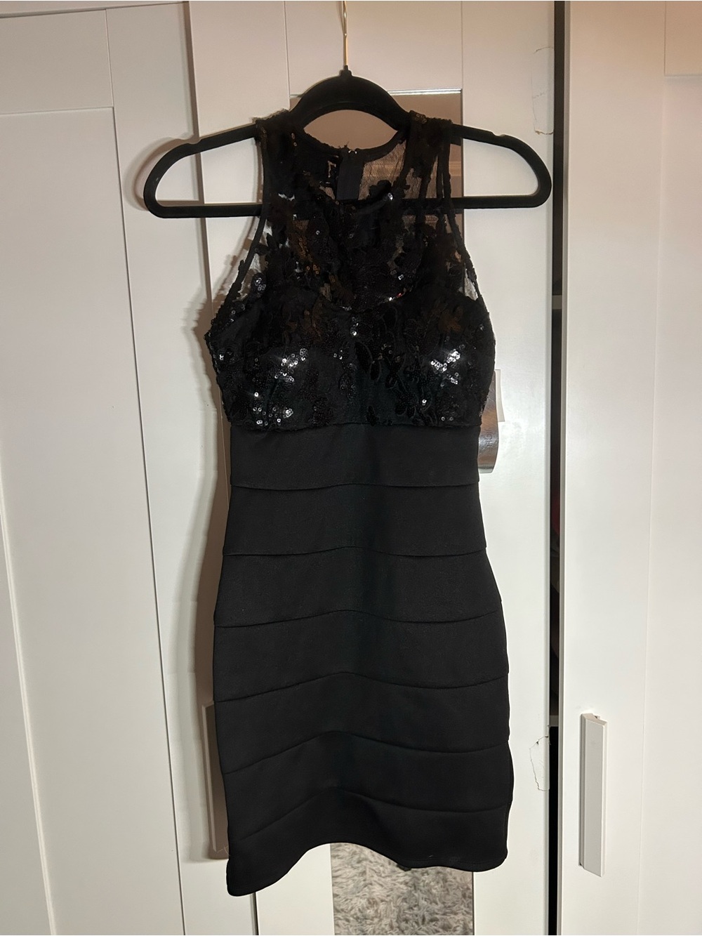 Michele Black Lace & Sequin Halter Mini Dress